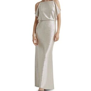 Ralph Lauren Silver Cold-Shoulder Maxi Gown